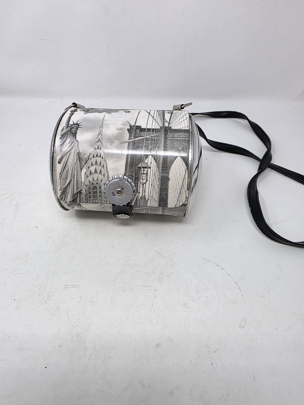 Vintage Little Earth New York City Metal Cylinder Crossbody Purse Bottle Cap